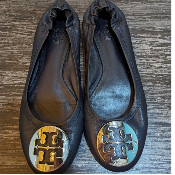 Tory Burch Minnie Travel Flats Navy/Silver Logo Size 8 M - Picture 2 of 4
